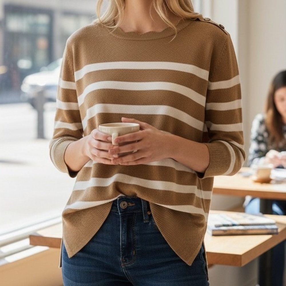 Cable & Gauge Sweater Medium Women Tan White EXCELLENT Striped Scallop Button